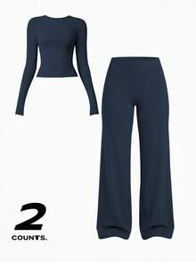 Women's Long Sleeve Slim-Fit Top And Wide Leg Pants Set, High Stretch, Breathable Two Pieces Outfit For Fall And Winter - Navy Blue - View 16