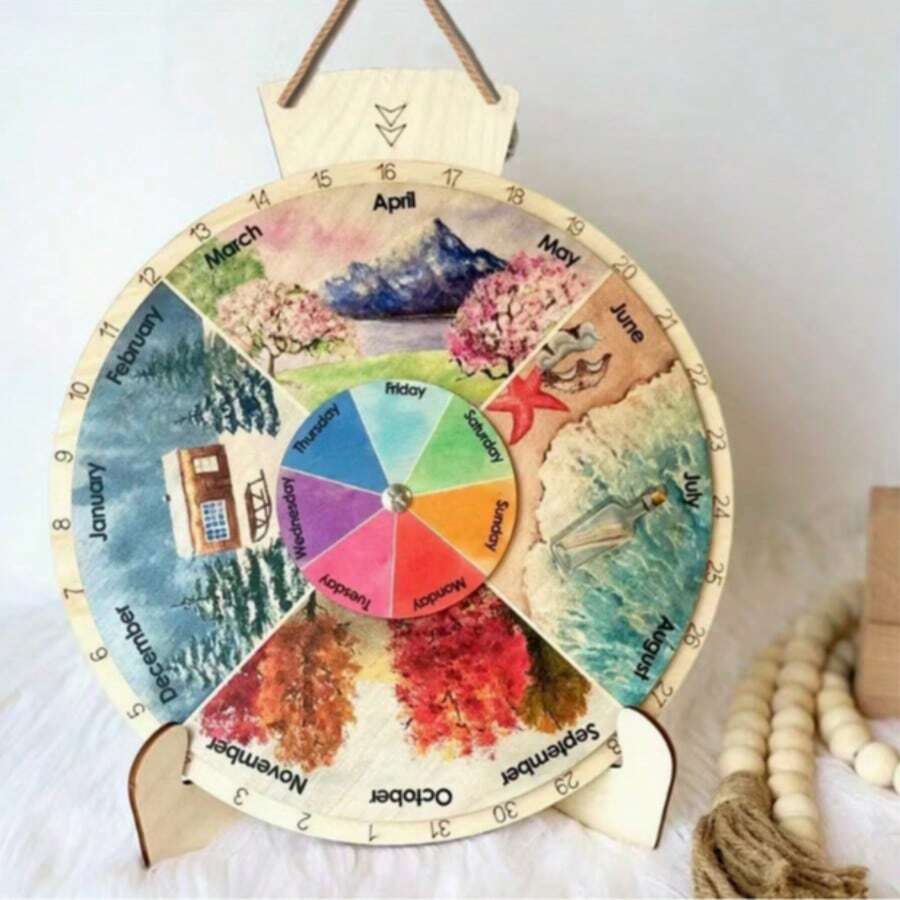 Kalender Abadi Kayu Cat Air Empat Musim, Kalender Bulat Berputar Tanpa Akhir dengan Dudukan & Tali Gantung, Versi Bahasa Inggris & Prancis, Kalender Meja Dinding Tanggal Minggu Bulan yang Dapat Disesuaikan, Dekorasi Pembelajaran Edukatif Anak-Anak untuk Kembali ke Sekolah - A - View 1