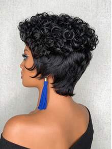 Peluca corta de cabello humano estilo pixie de 6 pulgadas, peluca de cabello humano rizado y rizado para mujeres, peluca completa hecha a máquina - Multicolor - Ver 3