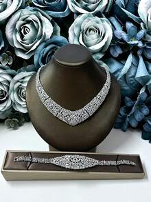 4pcs Fashion Middle East Saudi Copper Cubic Zirconia White Necklace, Earrings, Bracelet, Ring 4-Piece Jewelry Set. Luxury Necklace Set Jewelry. Suitable For Evening Party, Valentine's Day Gift - White - View 4