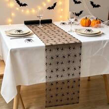 1 Rollo de Camino de Mesa de Halloween con Patrón de Murciélagos, Camino de Mesa para Fiestas y Vacaciones, Tapete Decorativo de Mesa de Comedor de Halloween, Tapete de Vajilla para Restaurante, Tapete de Textura de Gasa para Mesa, Para Cocina de Halloween, Suministros para Fiestas - Negro - Ver 1