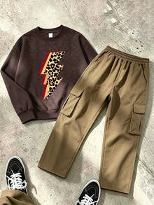 Fashion Unisex Creative Minimalist Lightning Print Crew Neck Textured Sweatshirt + Cargo Pants Long Pants, Men's Autumn/Winter Daily 2-Piece Set - Brown - View 1