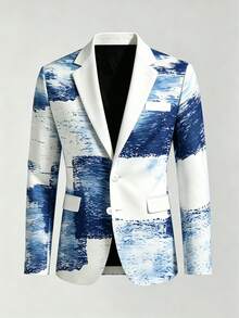 1pc Men's Blue & White Ink Wash Tie-Dye Print Slim Fit Blazer, Contrast Color Draped Fabric Slimming Versatile Artistic Style Suit Jacket For Stage Performance, Photoshoot, Party, Evening Banquet - Blue and White - View 5