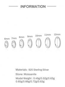AnlaScheer 1pc Silver Tone 925 Sterling Silver Multi-Size Moissanite Earring Hoop, Hypoallergenic Ear/Nose Jewelry, Suitable For Women's Daily, Party, Wedding - Silver - View 16