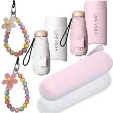 Mini Travel Umbrella With Carrying Pouch, Includes Beaded Flower Bracelet Charm And Box, Compact UV Protection Sun/Rain Umbrella, Lightweight Windproof Umbrella Suitable For Women And Men - Multicolor - View 2