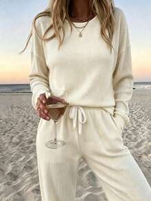 SuofeiMan Women's Casual Solid Color 2 Pieces Set Long Sleeve Crew Neck Top With Pocket Drawstring Wide Leg Pants, Autumn/Winter Home Leisure Outfit, Elegant Style - Apricot - View 1