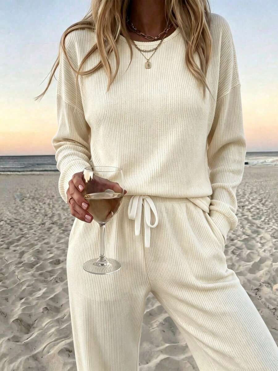 SuofeiMan Women's Casual Solid Color 2 Pieces Set Long Sleeve Crew Neck Top With Pocket Drawstring Wide Leg Pants, Autumn/Winter Home Leisure Outfit, Elegant Style - Apricot - View 1