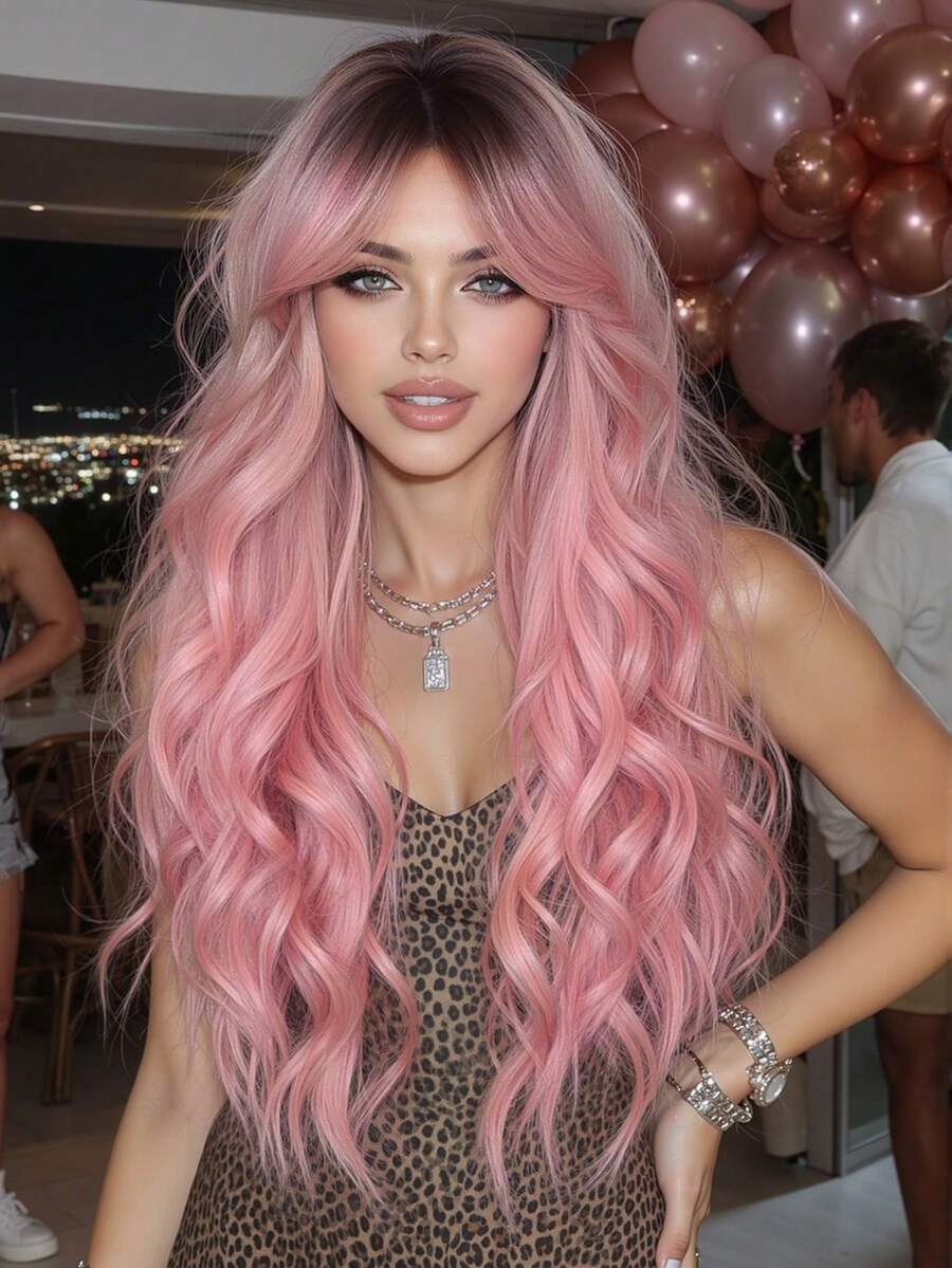 26 Inch Ombre Pink Betterfly Long Loose Wavy Synthetic Wig, Heat Resistant Fiber Middle Part Wigs For Women, Fluffy Natural Look, Perfect For Halloween Thanksgiving Christmas Cosplay Occasions