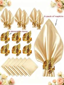 6pcs Fabric Napkins And 6pcs Napkin Rings, 12pcs Set, 17x17 Inch Square Satin Dinner Table Napkins And Rings, Floral Christmas Napkins, Wedding Party Decoration (Black, Gold, White, Champagne, Dark Green, Multiple Colors Available) - Multicolor - View 16