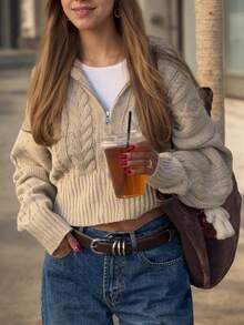 Autumn/Winter New Vintage Oversized Collar Double-Ended Zipper Twisted Knit Sweater, Loose Drop Shoulder Casual Pullover, Airport Commute Pullover - Khaki - View 6