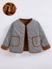 Girls' Casual Fashion Plaid Round Neck Snap Button Design Thermal Lined Thick Jacket, Autumn/Winter - Coffee Brown - View 2