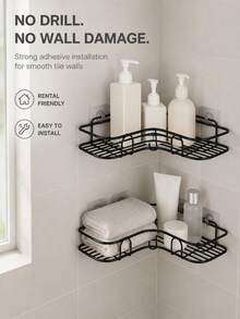 2-Tier Triangle Corner Bathroom Shelf, Dual Installation Metal Shower Storage Rack, No Drill No Screw Adhesive Installation, Rust-Proof With Guardrail Wall Shelf, Suitable For Shower, Toilet Side, Sink, Skincare, Cosmetics, Kitchen Accessories Storage - Black - View 7