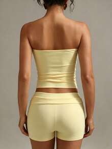 XLLAIS Sexy Strapless Basic Camisole, Fashionable Solid Color Elastic Fitted Tube Top, Suitable For Women All Seasons Casual Summer Yellow, Y2K Aesthetic - Yellow - View 4