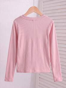 1pc Minimalist Solid Color Basic Long Sleeve Autumn/Winter Top For Girls, Elastic Soft Skin-Friendly Knit Fabric, Suitable For Teen Students' Daily T-Shirt - Pink - View 4