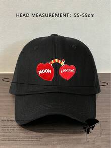 1件中性Y2K風格刺繡雙心MOON LANDING棒球帽，戶外日常通勤極簡Y2K棒球帽，青年時尚遮陽帽 - 黑色 - 查看 2
