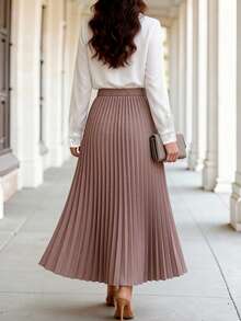 Women's Spring/Autumn Elegant Solid Color Lapel Long Sleeve Top & Pleated Skirt 2-Piece Set For Commute And Daily Wear - Mocha Brown - View 2
