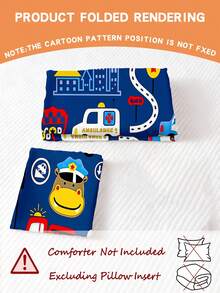 1pc Navy Blue Cartoon Rescue Vehicle Print Duvet Cover Set (No Filling) 100% Polyester Double-Sided Duvet Cover Set, No Filling, Suitable For Infants And Children, Machine Washable, Ideal Holiday Gift For Newborn Bed/Crib - Multicolor - View 5