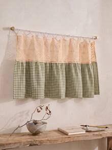 1/2pcs Green & White Plaid Patchwork Beige Hollow Woven Half Curtain, Fresh Country Style, Rectangular Top Hollow Lace & Bottom Scalloped Edge Detail, Shading & Decorative Function, Suitable For Kitchen Windows & Fresh Home Decor - Green - View 8