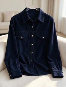 Women's Autumn/Winter Corduroy Solid Color Shirt - Navy Blue - View 5