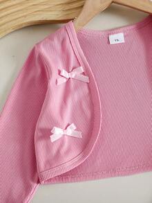 Girls' Spring/Autumn Casual Cute Bow Pink Long Sleeve Jacket With Pink Tank Top And Plaid Patchwork Dress 2 Pieces Set - Pink - View 4