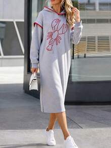 Gaun Sweatshirt Berkerudung Bordir Lobster Abu-abu untuk Wanita, Gaun Sweatshirt Panjang Longgar dengan Belahan Samping dan Trim Bergelombang Merah - Grey - View 5