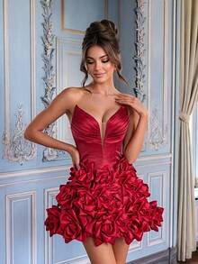 QOQ Women Elegant Strapless Pleated Backless Tie Short Formal Evening Dresses Mesh Party Homecoming Cocktail Graduation Dresses - Burgundy - View 5