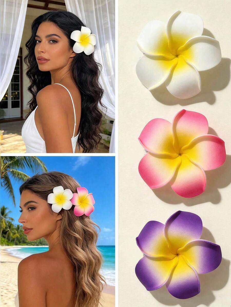2 piezas de pinzas para el cabello con flor de plumeria degradada de espuma, 5 pétalos, pasadores florales para mujer, estilo tropical de playa bohemio de verano - Multicolor - Ver 1