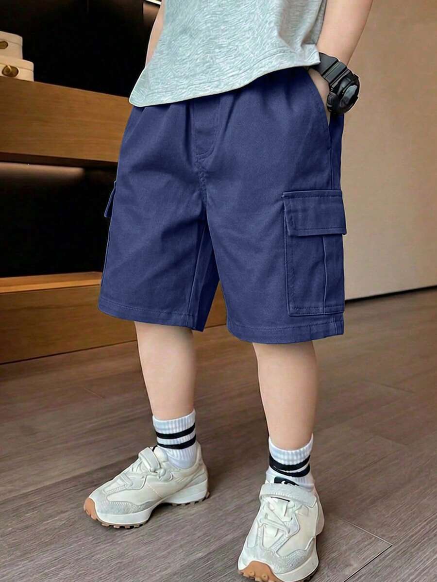 1件男童帥氣時尚百搭學院風大口袋直筒工裝短褲,春夏秋返校季 - 藍色 - 查看 1