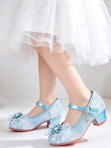 1 Pair New Rhinestone Bow Girls' Leather High Heel Princess Shoes, Fashionable Sequin Blue Shoes For Party, Wedding, Princess Dress - Blue - View 3