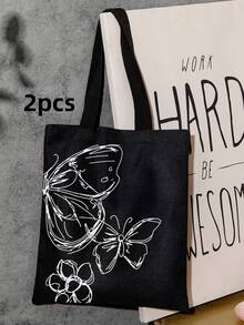 Butterfly Drawing Pattern Double-Sided Printed Shoulder Tote Bag, Butterfly Bag - Black and White - View 7
