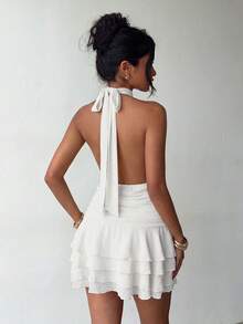 Elegante vestido mini con cuello halter y espalda descubierta con dobladillo de volantes en capas blanco - Blanco - Ver 2