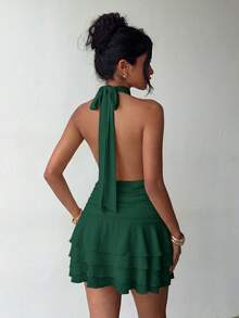 Elegant Halter Neck Backless Mini Dress With Tiered Ruffle Hem, Suitable For Summer Parties, Beach Vacations, Casual Outings, Holidays And Graduation Ceremonies - Dark Green - View 2