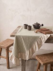 1pc Sage Green And White Small Checkered Patchwork Beige Ruffle Edge Tablecloth, Natural Vintage Style, Rectangular, Beige Ruffle Edge With Pleated Detail, Decorative And Functional, Suitable For Home Dining And French Country Home Decor - Green - View 6