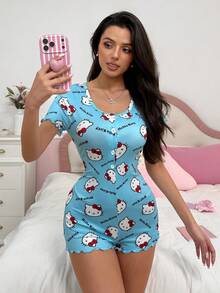 Noctvar OBM Sleepwear X Hello Kitty Baju Tidur Terusan Wanita Motif Hello Kitty, 1 potong, Lengan Pendek, Leher Bulat, Trim Ruffle, Desain Kancing Tunggal, Potongan Longgar - Biru - View 4