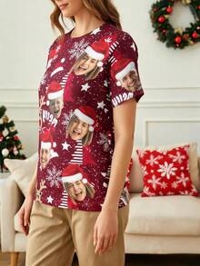 1 buah Kaos Lengan Pendek Leher Bulat Unisex Kustom Multi-Foto Warna Burgundy Motif Rusa Kutub dan Kepingan Salju, Hadiah Natal - MultiWarna - View 3