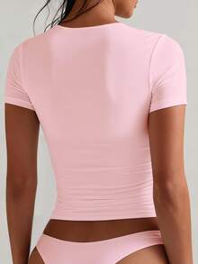 XLLAIS Solid Color Short Sleeve Square Neck Basic Women's Top, Stretchy Fitted Valentine's Day Pink T-Shirt Casual Summer - Baby Pink - View 4