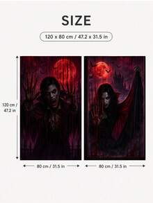2pcs Halloween Vampire Window Banner, Blood Moon Castle, Bats And Vampire Couple Print Curtain Decor, Suitable For Halloween Party, Haunted House, Living Room, Bedroom And Indoor/Outdoor Holiday Decoration - Vampire - View 12