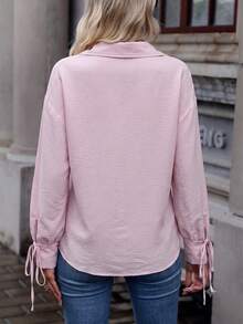 SwallowLucky Women's Autumn Dropped Shoulder Tie Sleeve Blouse, Pale Pink Button Front, Clean Fit Style Top - Baby Pink - View 2