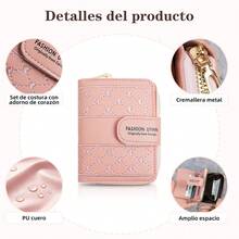 Mini Zip-Around Wallet, Multifunctional Women's Card Holder With Embroidered Heart And Simple Coin Purse. - Blue - View 3