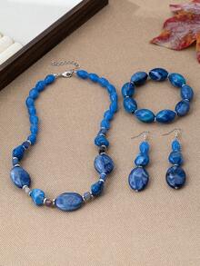 4pcs Vintage Marbled Blue Acrylic Jewelry Set Necklace Earring Bracelet,Irregular Oval Beaded,Bohemian Women Statement Accessory - Blue Tones - View 5