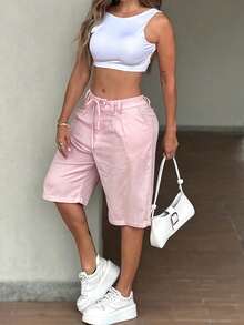 Women's Solid Color Knee-Length High-Waisted Wide-Leg Casual Shorts, Summer New Style, Summer Thin Wide-Leg Pants For Outdoor Wear Pink - Pink - View 3