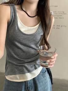 Women's Patchwork Contrast Color 2-In-1/Deconstructed Street Style Summer Casual Tank Top - Dark Grey - View 2