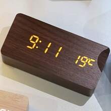 極簡木質 LED 數位鬧鐘，USB 供電床頭桌鐘，顯示時間、日期與溫度，亮度可調，靜音不滴答，適合臥室、辦公室、居家裝飾，送給家人與朋友的完美禮物 - 棕色1件 - 查看 3