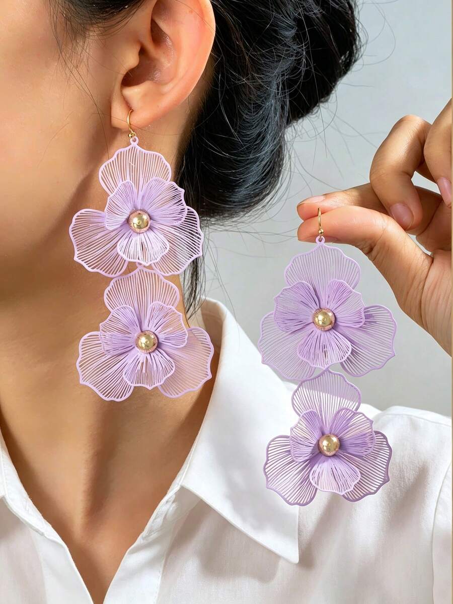 1对时尚花朵流苏耳环,镂空花朵吊坠耳环,女士优雅日常佩戴,适合所有季节 - 款式2 - 查看 1