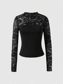 Women's Autumn Casual Sexy Pure Desire Lace Patchwork Hollow Out All-Match Versatile Long Sleeve Hot Girl Top, Going Out Top, Date, Daily Wear - Black - View 6