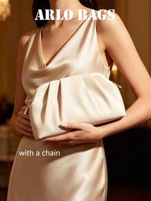 Cream Soft Ruched PU Clutch Bag, Horizontal Pleated Design With Dual Metal Zipper, Minimalist Large Capacity, Suitable For Weddings, Banquets And Date Nights - Apricot - View 7
