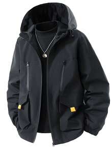 Women's Solid Color Hooded Jacket With Multi-Layered Zipper Pockets, Yellow Label, Forest Camp Zip-Up Jacket - Black - View 3