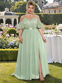 Plus Size Off-Shoulder Spaghetti Strap Sequin Floral Lace Patchwork Chiffon Slit Thigh Hem Evening Party Maxi Dress, Elegant Summer Dress - Mint Green - View 1