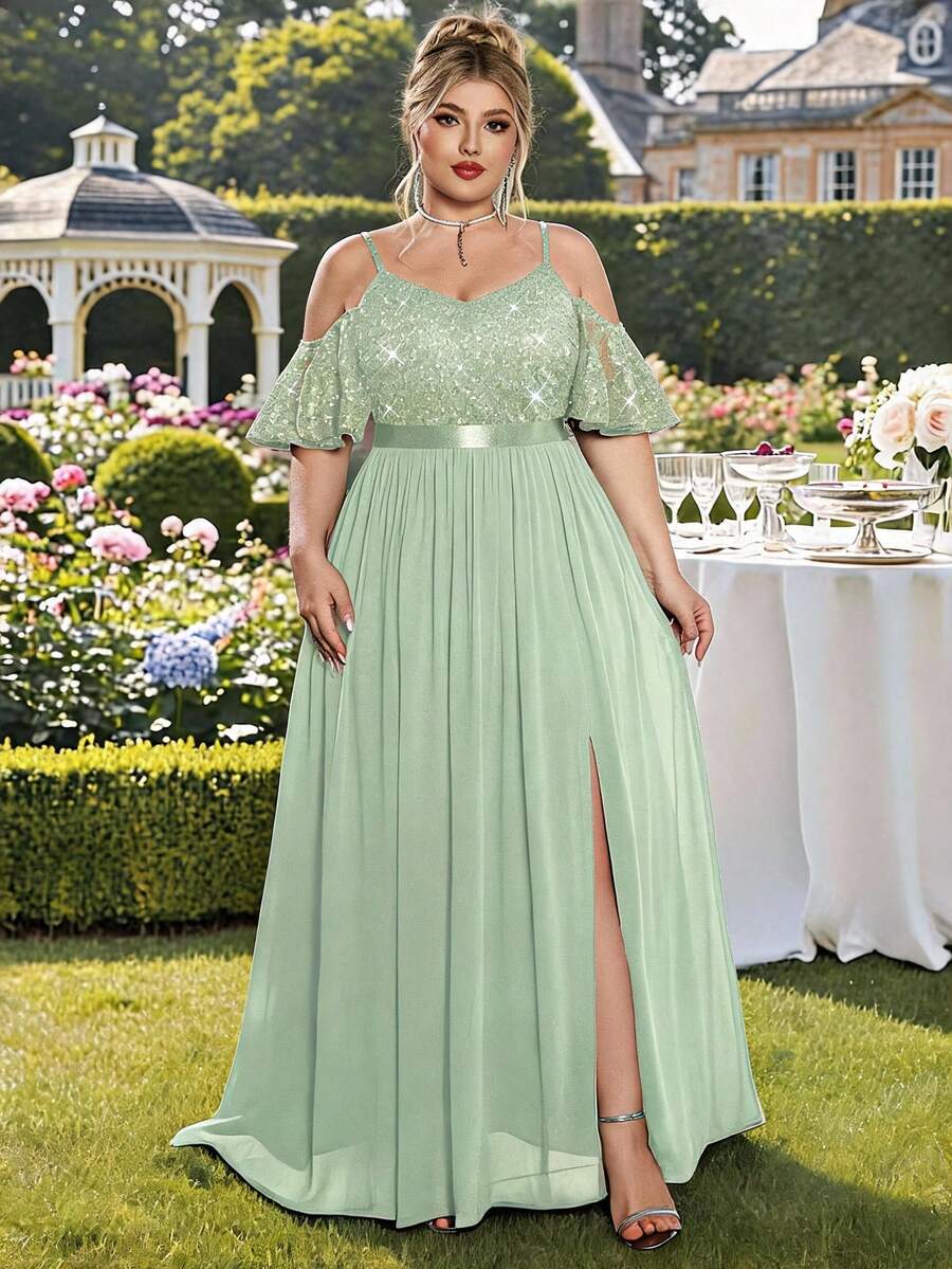 Plus Size Off-Shoulder Spaghetti Strap Sequin Floral Lace Patchwork Chiffon Slit Thigh Hem Evening Party Maxi Dress, Elegant Summer Dress - Mint Green - View 1
