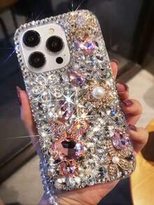 Fashionable Shiny Crystal Rabbit Metal Pearl Carved Phone Case With Crystal Lanyard Anti-Drop Protective Cover Compatible With IPhone And Phones - Multicolor - View 6